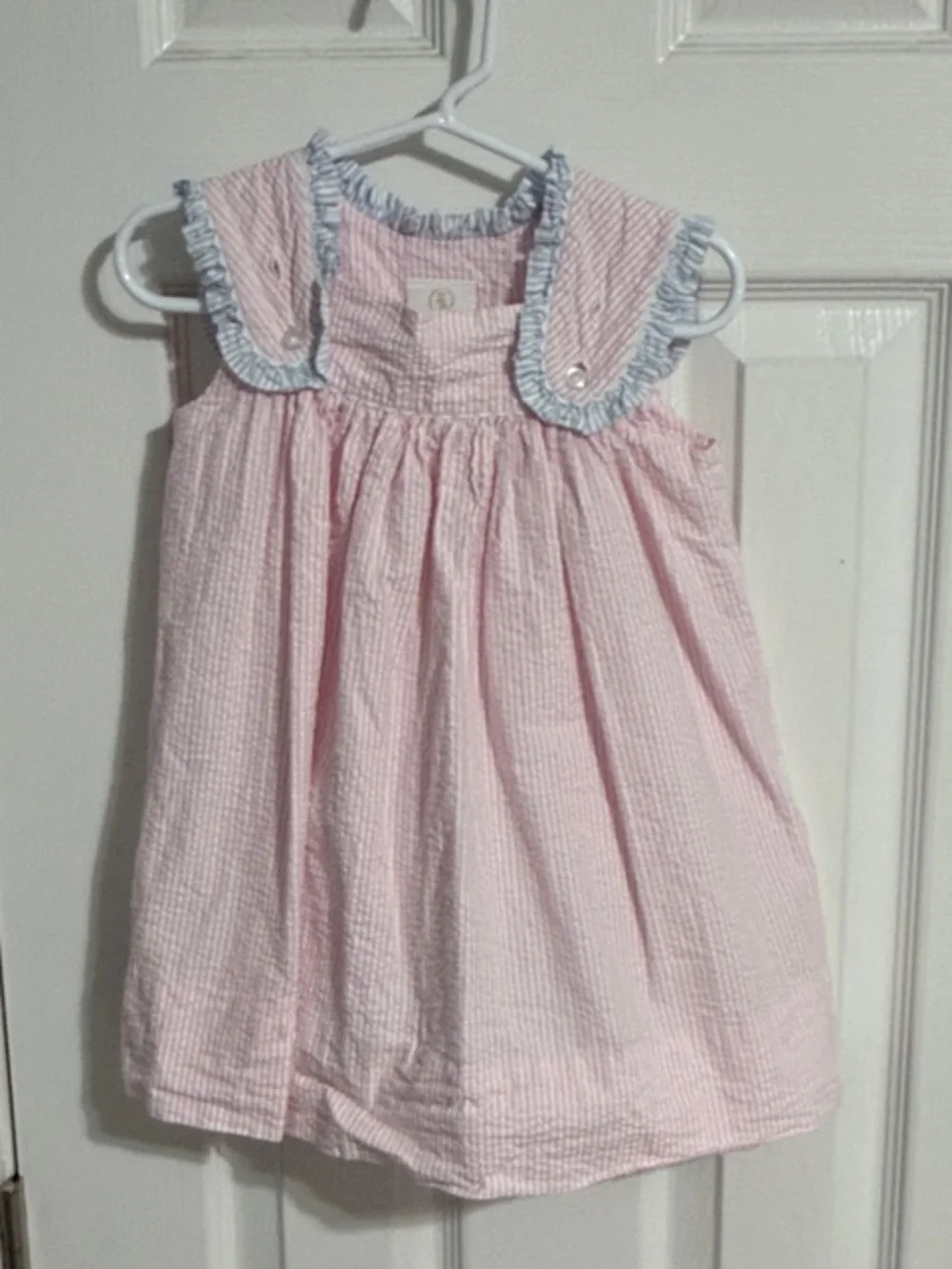 Lullaby set Girls Pink Seersucker Dress with Blue Ruffle Collar